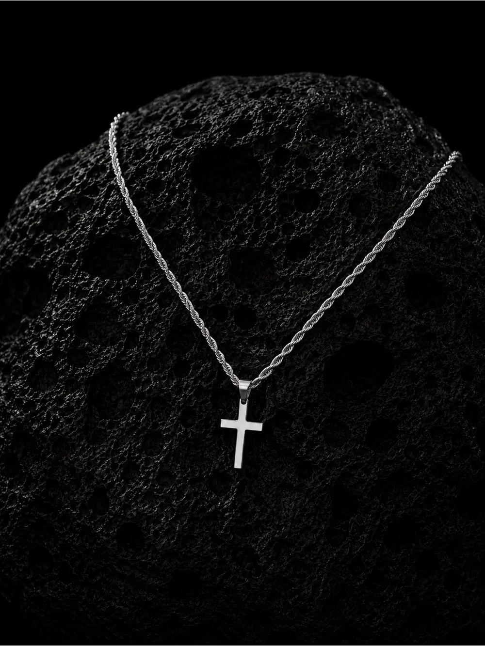 Men’s Silver Cross Necklace Rope Chain Stainless Steel Christian Pendant
